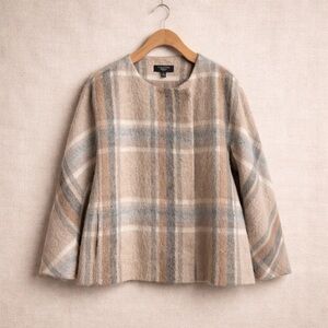 TALBOTS Plaid Wool Blend Jacket Coat Bell Sleeve Open Front Petite Topper